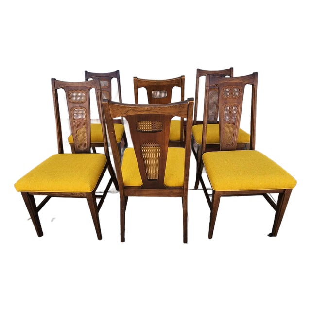 Set of 8 Mid-Century Modern Cane Back Dining Chairs With Yellow Upholstery For Sale