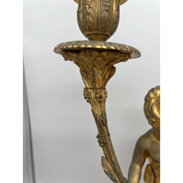 Pair, Gilt Bronze Louis XVI Style 19th Century Putti Candlestick Lamps For Sale - Image 9 of 10