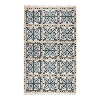 Part & Parcel Goods Wool Star Rug, 15' x 20', Celadon, Navy, Sky Blue and Eggshell For Sale