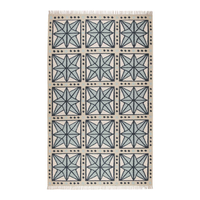 Part & Parcel Goods Wool Star Rug, 15' x 20', Celadon, Navy, Sky Blue and Eggshell For Sale