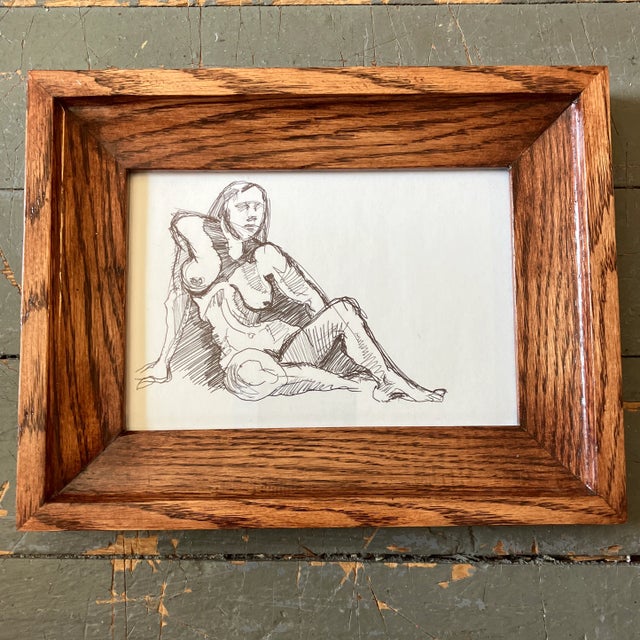 1970’s Modernist Abstract Female Nude Ink Drawing Vintage Oak Frame For Sale - Image 4 of 4