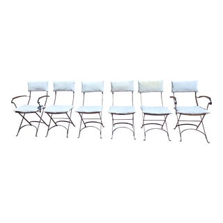 Late 20th Century Vintage French Bistro Dining Folding Chairs With Iron Legs, Teak Slats, and Cushions - Set of 6 For Sale