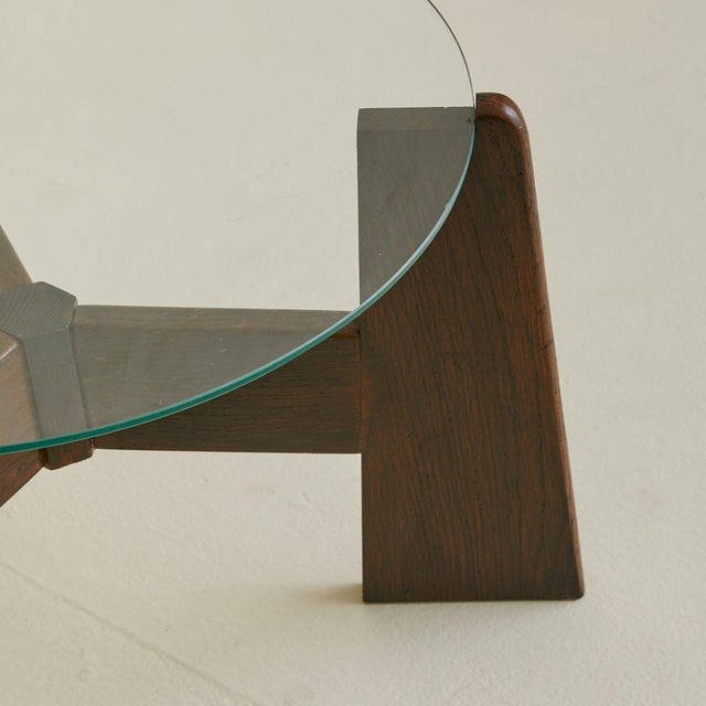 Mid 20th Century French Brutalist Round Wood + Glass Coffee Table, 1960s For Sale - Image 5 of 8