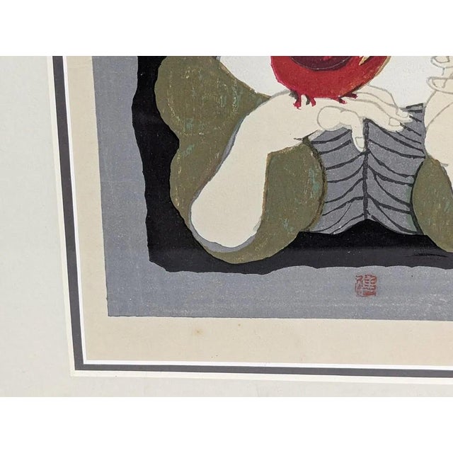 Wood 1959 Jun'ichiro Sekino Pencil-Signed Japanese Woodblock Print, "Young Girl With Two Cardinals" - Framed For Sale - Image 7 of 10