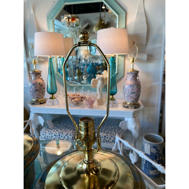 Vintage Large Floral Porcelain Chinoiserie Blue Drum Table Lamps New Wiring -A Pair For Sale In West Palm - Image 6 of 13