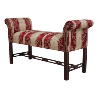 Chippendale Style Cherry Damask Upholstered Window Bench For Sale