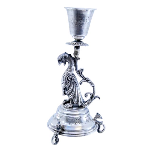 Toothpick Holder in the Shape of a Mythical Figure Holding a Chalice and Resting on an Engraved Base with Three Mythological Feet For Sale