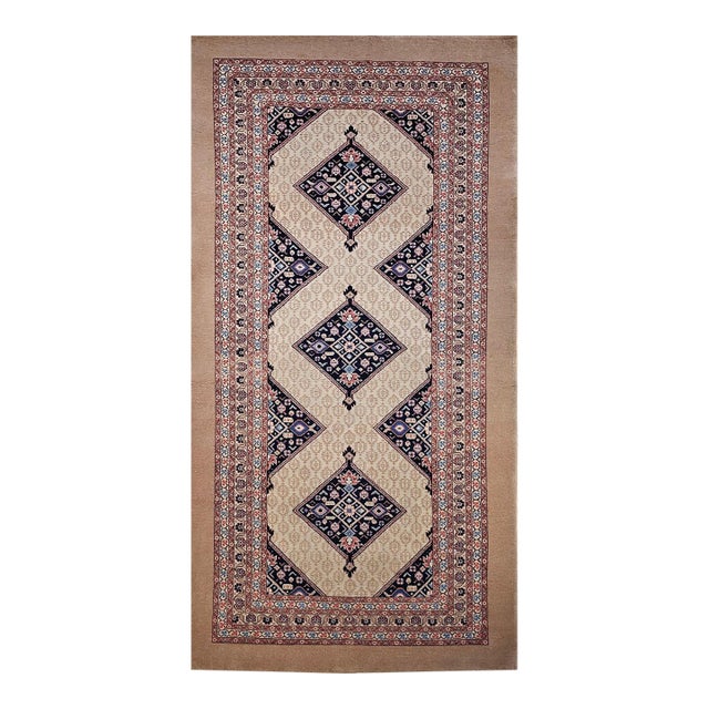 Vintage Persian Malayer Gallery Rug, Hand-Knotted Wool, Geometric Pattern, 5x10, Camehair & Navy For Sale