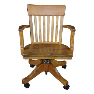 Antique 1920s Arts & Crafts Oak Bankers Desk Swivel Office Arm Chair For Sale