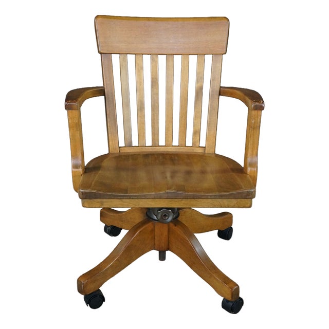 Antique 1920s Arts & Crafts Oak Bankers Desk Swivel Office Arm Chair For Sale