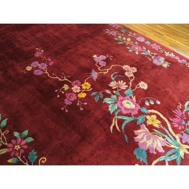 1920s Ruby Red Floral Antique Chinese Art Deco Rug 8' 8" X 11' 6" Handknotted Wool Carpet For Sale - Image 4 of 6