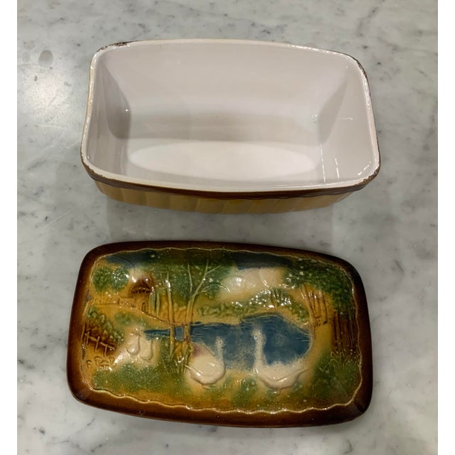 De Sarreguemines Antique French Barbotine Majolica Earthenware Pâté & Game Terrine / Tureen With Geese Pond Tableau For Sale - Image 4 of 9