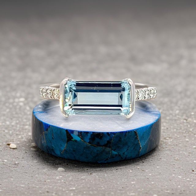 Natural Aquamarine Diamond Ring 6.75 14k W Gold 2.24 TCW Certified For Sale - Image 4 of 8