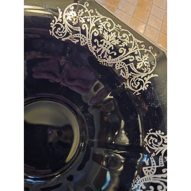 Mid 20th Century Mid 20th Century Black Glass Bowl With Sterling Floral Overlay For Sale - Image 5 of 5