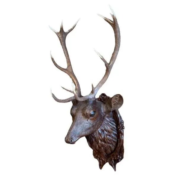 Wood Antique Black Forest Stag Deer Head Wood Carved Sculpture Carving For Sale - Image 7 of 7