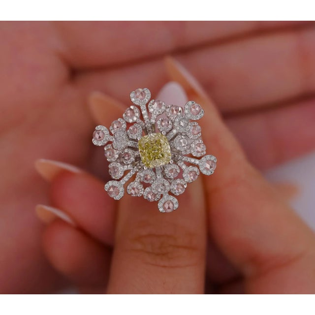 GIA Certified 1.52 Carat Cushion Cut Fancy Greenish Yellow Diamond and Briolette Diamond Side Stone SnowFlake Motif Ring...