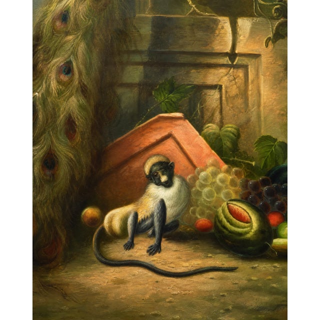 An impressive decorative oil painting featuring a magnificent peacock displayed within a romantic garden setting. Richly...