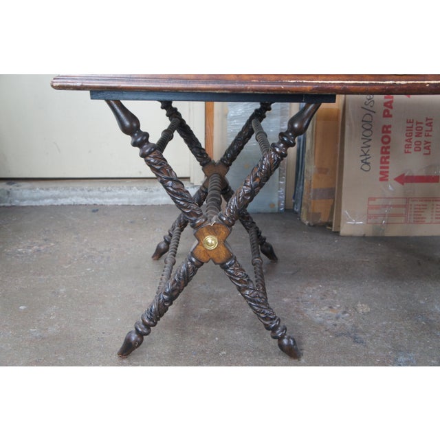 Brown Late 20th Century Vintage Tooled Leather Traditional Carved Campaign Style Office Writing Desk For Sale - Image 8 of 11