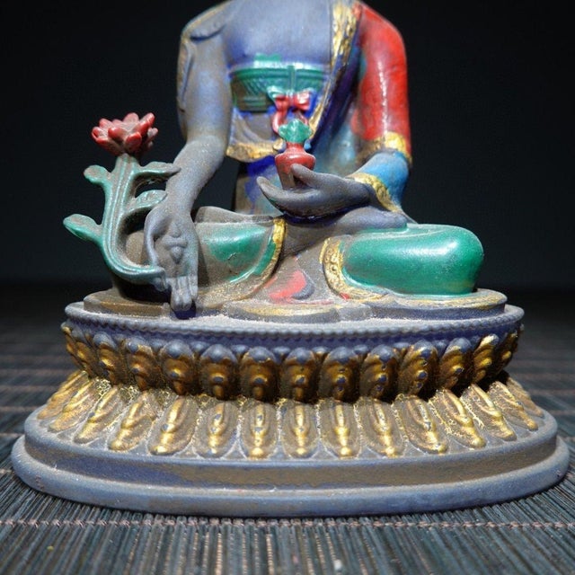 Blue Vintage Liuli Glass Medicine Buddha Statue With Polychrome Decoration For Sale - Image 8 of 9