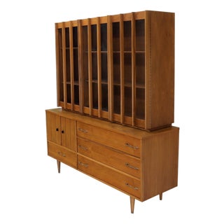 Walnut mid century modern two-part hutch credenza display cabinet glass doors For Sale