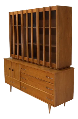 Walnut mid century modern two-part hutch credenza display cabinet glass doors