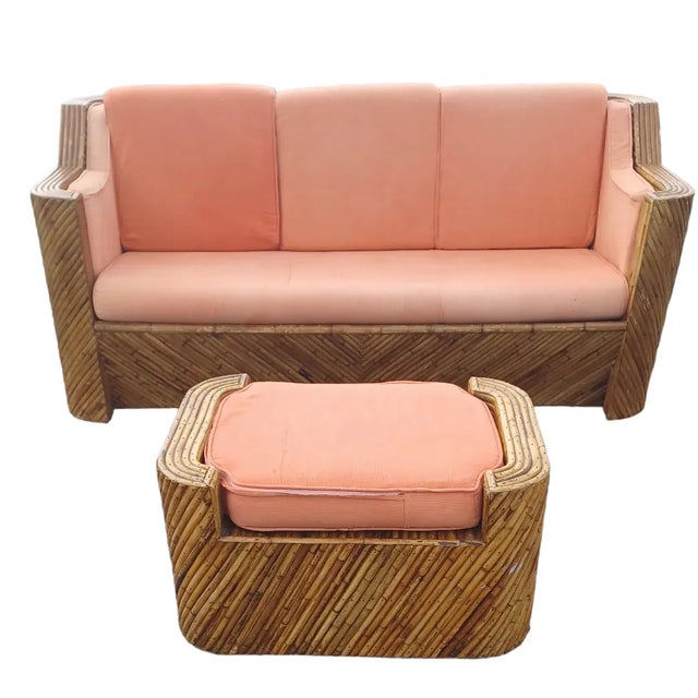 Vintage Coastal split reed sofa with chevron patterned back. A chic split reed construction in a clean and modern shape....