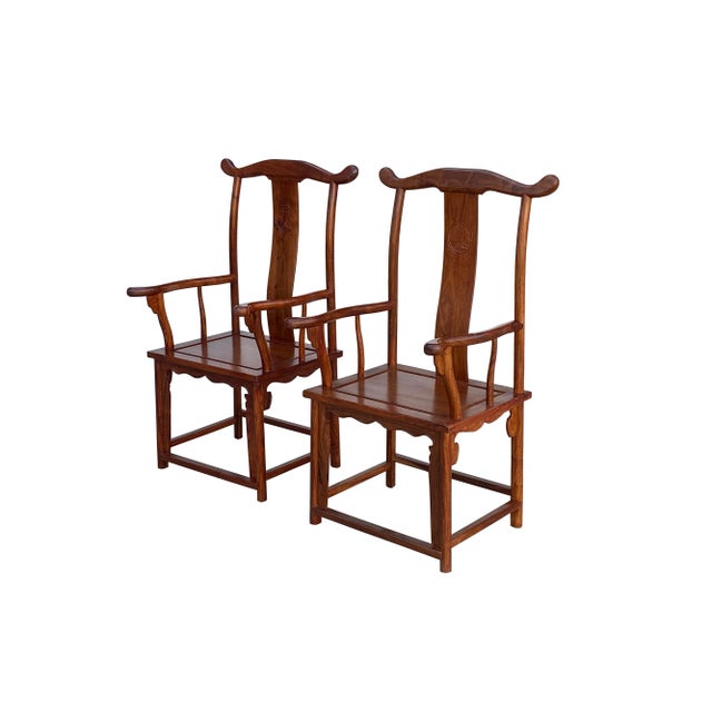Chinese Pair Chinese Natural Wood Copper Brown Stain Yoke-Back Armchairs For Sale - Image 3 of 11