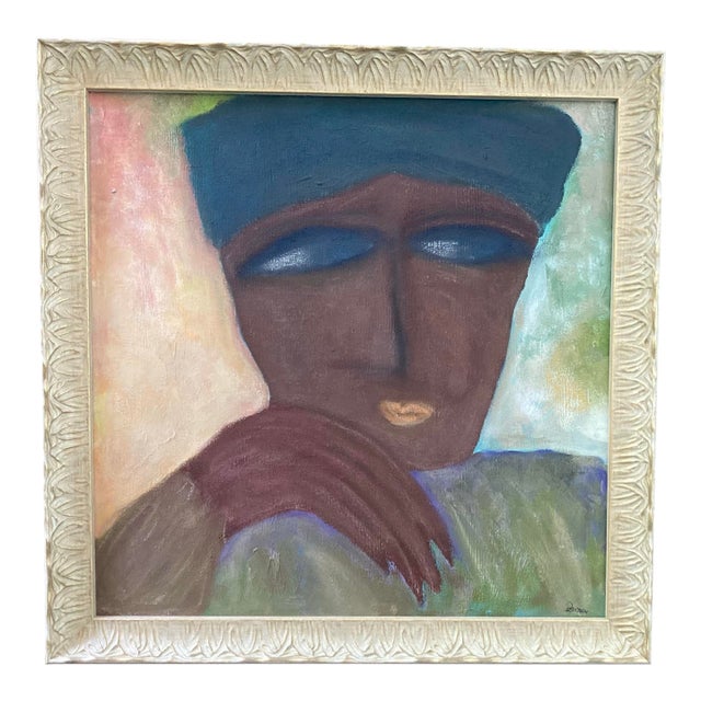 Original Framed Acrylic Painting of Pensive Lady in Blue Hat - Signed For Sale