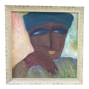 Original Framed Acrylic Painting of Pensive Lady in Blue Hat - Signed