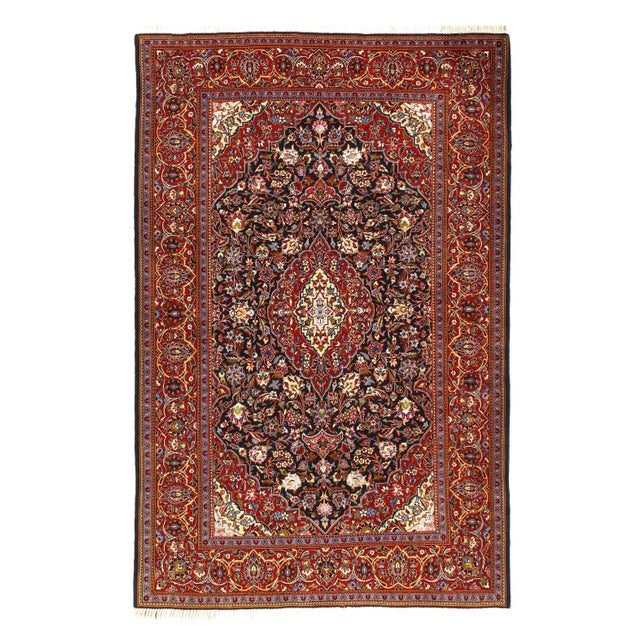 1980s 1980s Vintage Navy Blue Hand Knotted Persian Silk & Wool Kashan Rug 4'7'' X 7'1'' For Sale - Image 5 of 5