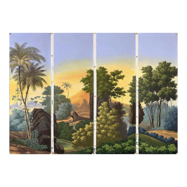 Panoramic Mural Forest Hand Painted Wallpaper on Scenic Paper Panel - 4 Panels For Sale