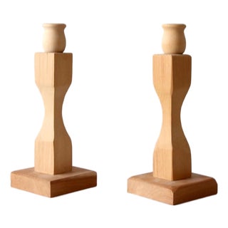 Pair of Vintage Handmade Wooden Candlesticks For Sale