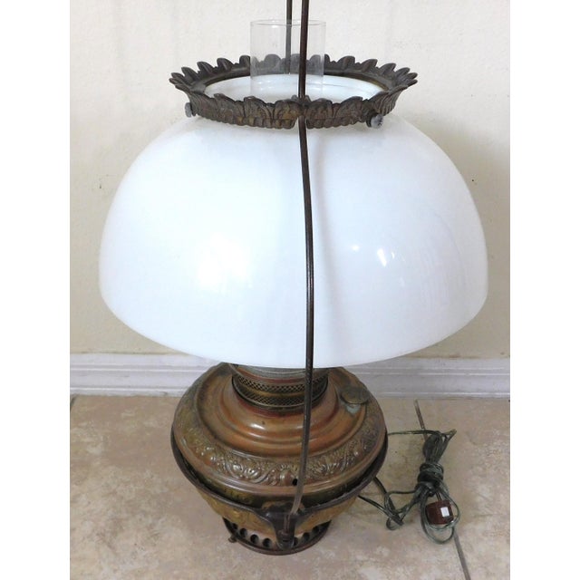 Antique C1887 Bradley & Hubbard Milk Glass Cast Iron Hanging Lantern Electrified Lamp For Sale - Image 11 of 15