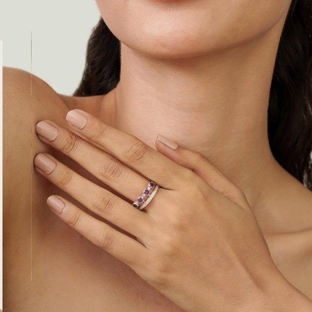 Dainty Amethyst & Zircon Open Cuff Ring in 925 Silver, Size 6.5 For Sale - Image 4 of 12