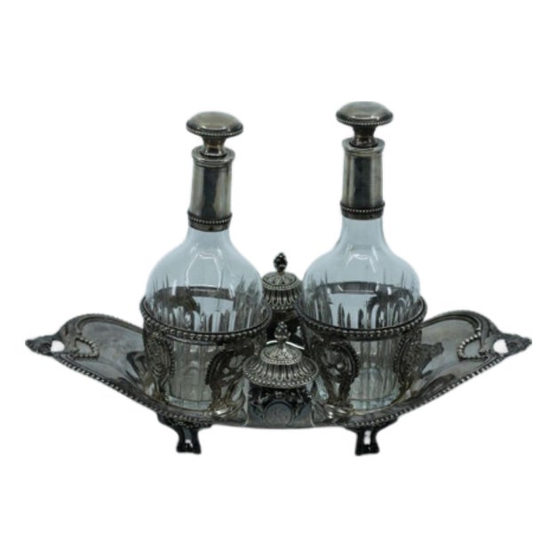 Nave-Shaped Silver and Cut Glass Cruets with Leaves and Volutes in Relief, Set of 3 For Sale