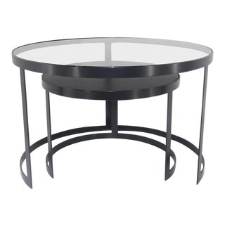 21st Century Set of Two Iron Nesting Tables with Glass and Wood Tops, Spain For Sale