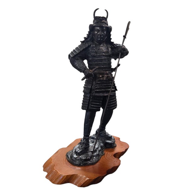 Japanese Japanese Samurai Bronze Tone Warrior Sculpture on Custom Wood Base 18" For Sale - Image 3 of 15