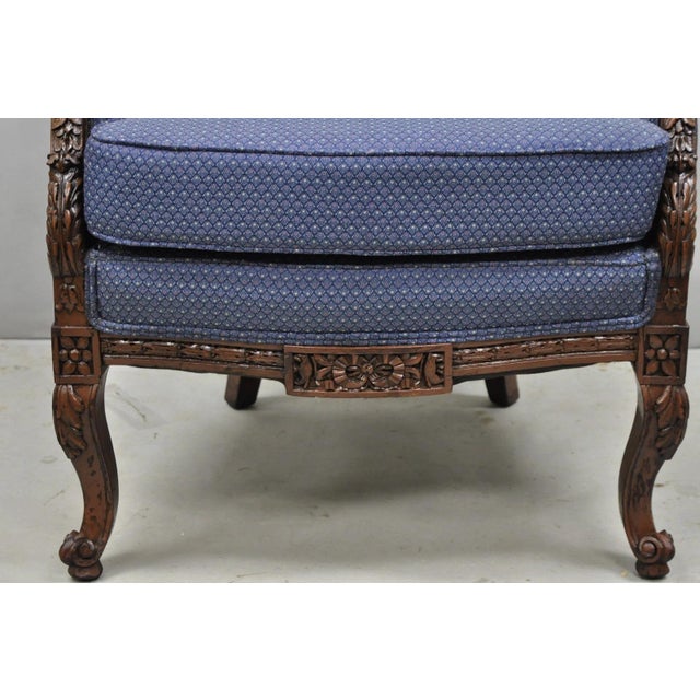 Blue Antique French Renaissance Louis XV Style Carved Walnut Wingback Arm Chair For Sale - Image 8 of 18