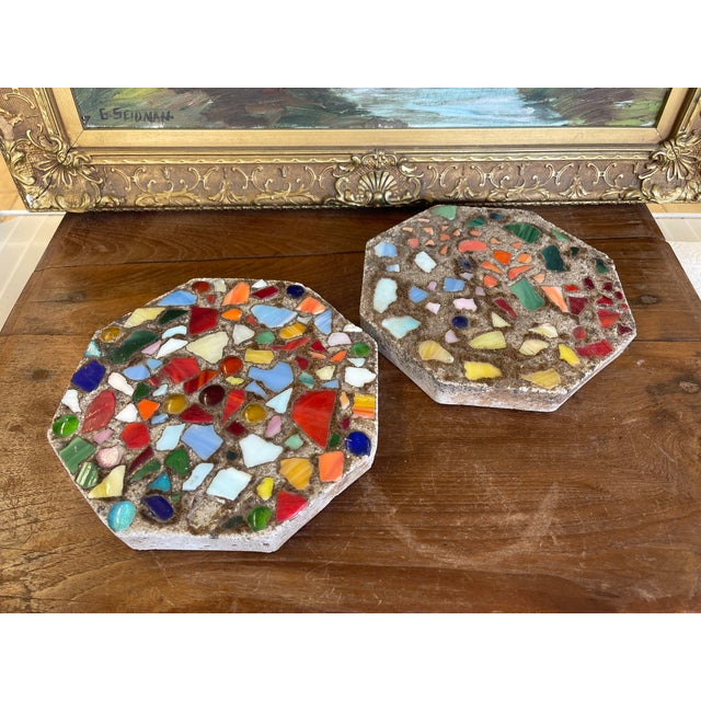 Mid-Century Modern Pair of Vintage Mosaic Glass and Concrete Octagonal Stepping Stones For Sale - Image 3 of 10