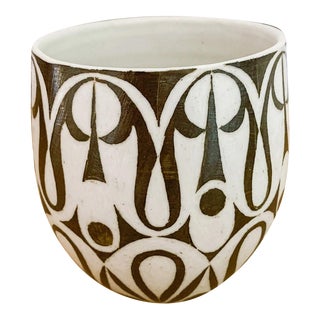 Vintage Sgraffito Mid Century Modern Pottery Signed Vessel Vase For Sale