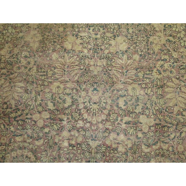 A room-size Persian antique Kirman rug with an all-over floral design in the lavender color you don't see quite often....