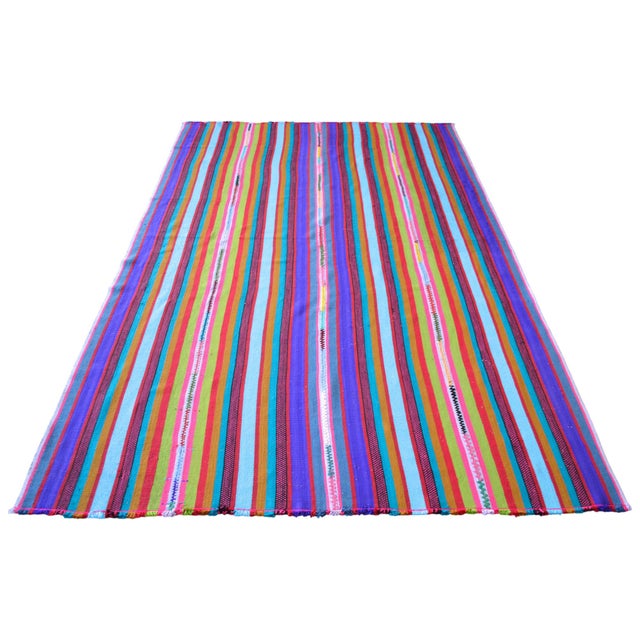 1960s Bright Multi Color Striped Turkish Rug, 5'6x8'6 Authentic Village Kilim, Mid Century Modern Home Decor For Sale - Image 5 of 12