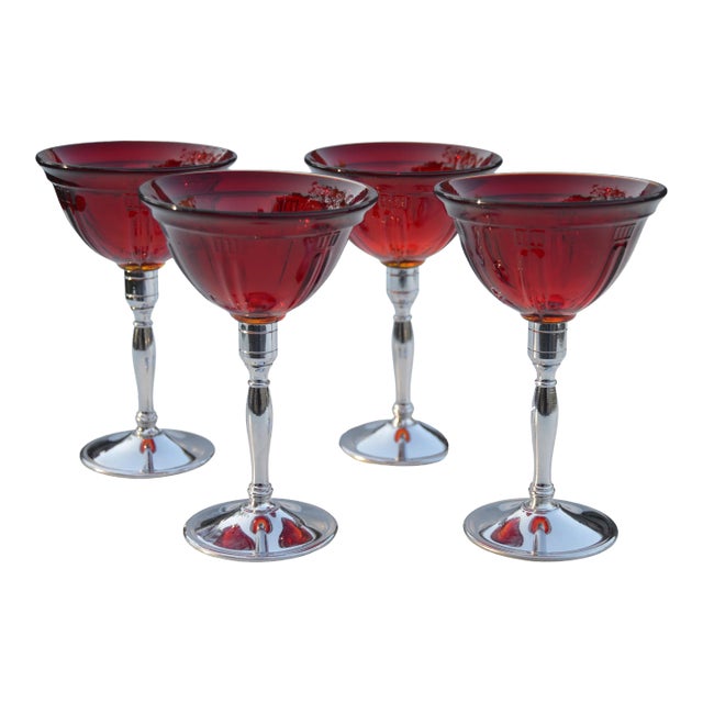 Vintage Red-Patterned & Silver Stemmed Glasses - Set of 4 For Sale