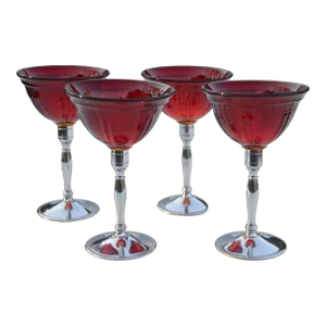 Vintage Red-Patterned & Silver Stemmed Glasses - Set of 4