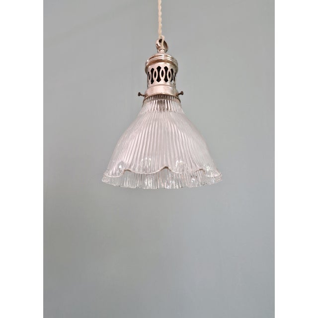 Silver Art Deco Pendant Light in Grooved Clear Glass, 1930 For Sale - Image 8 of 12