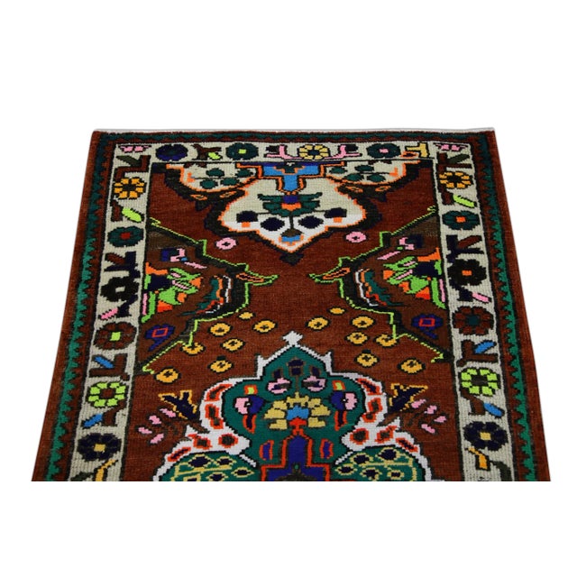 1960s Brown Colorful Geometric Design Handwoven Wool Vintage Turkish Oushak Runner 3'5" X 11' For Sale - Image 4 of 6