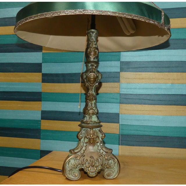 Gold Vintage Table Lamp in Brass and Dark Green Satin Shade, 1920s For Sale - Image 8 of 13