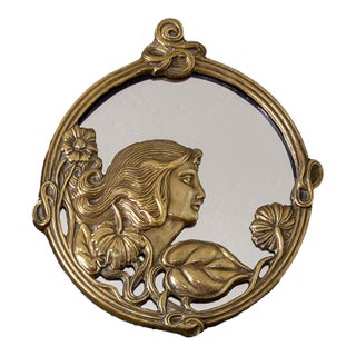 Brass Art Nouveau Round Mirror of Woman With Flowers For Sale