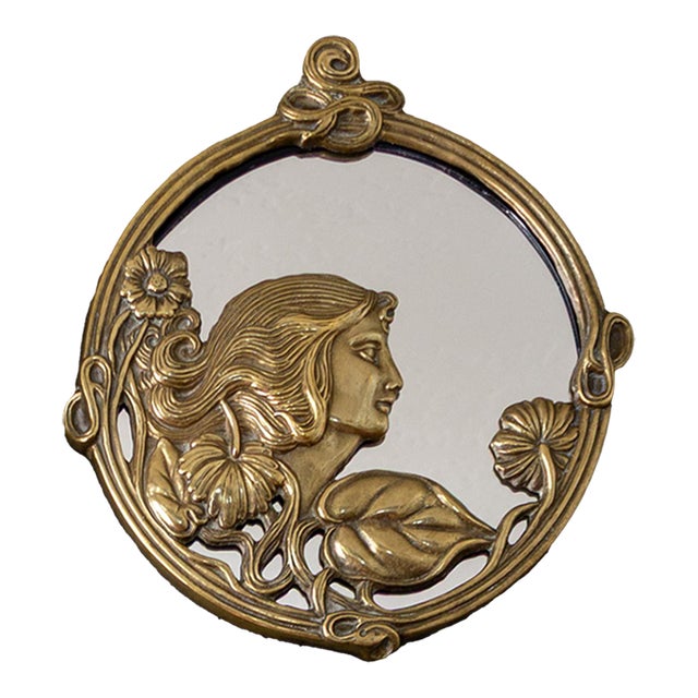 Brass Art Nouveau Round Mirror of Woman With Flowers For Sale