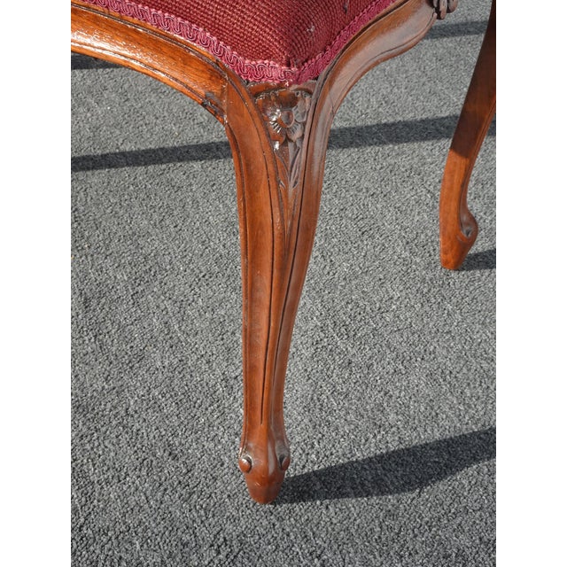 Vintage French Provincial Burgundy Needlepoint Tapestry Bench W Floral Design For Sale - Image 10 of 13